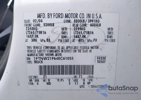 2004 Ford F-250 Lariat/Xl/Xlt z USA, uszkodzony, nr VIN 1FTNW21P64EC61055